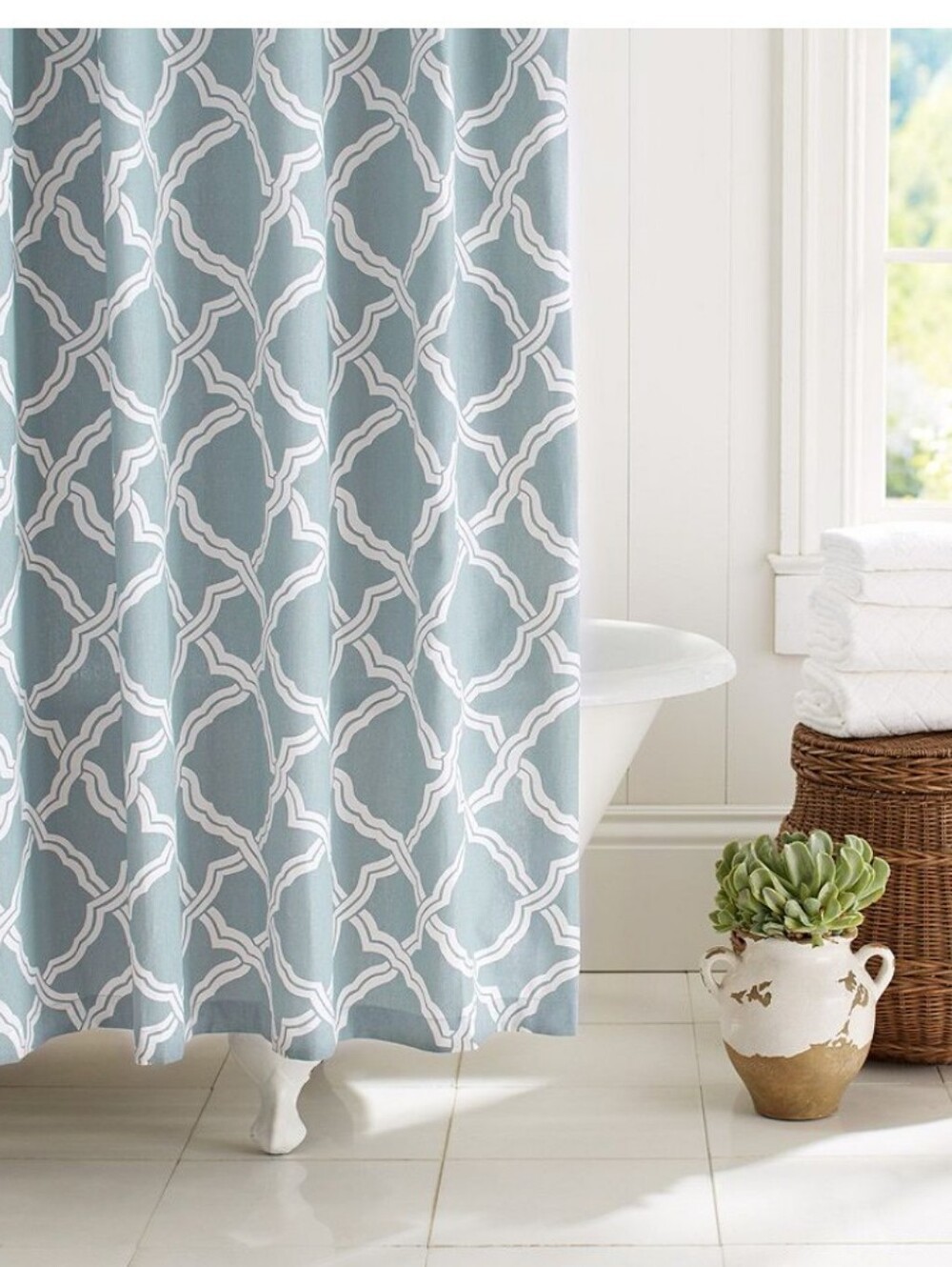 Pottery Barn Kendra Trellis LinenLight Blue Geometric Shower Curtain